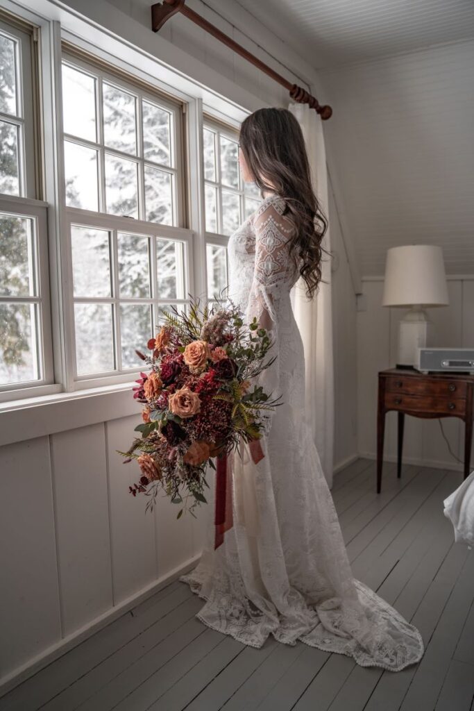 bride getting ready for winter elopement